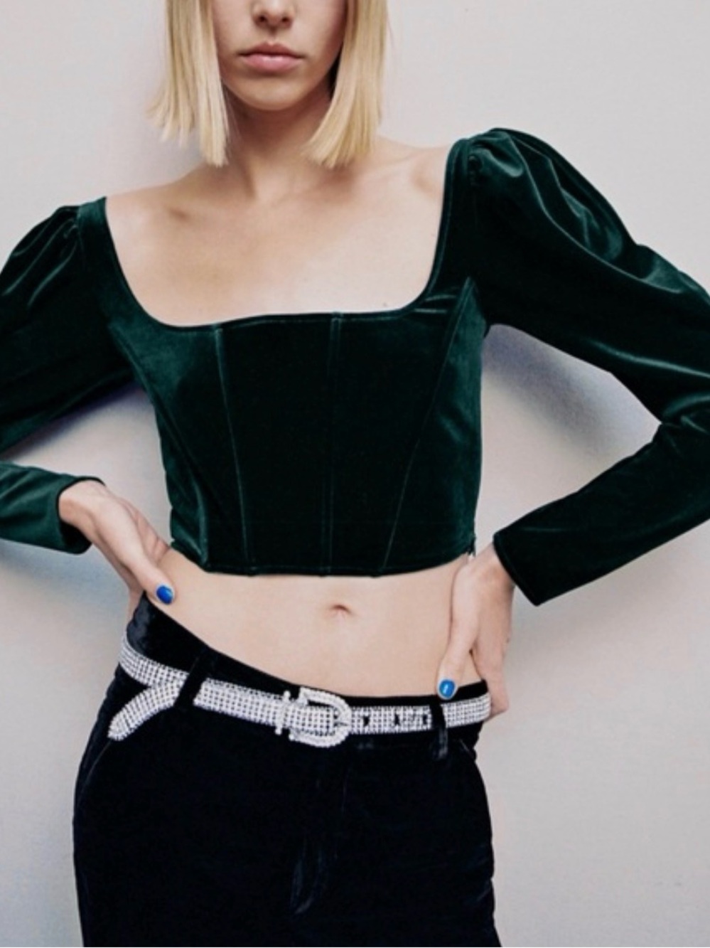 ZARA Velvet Corset Crop Puff Long Sleeve Top Square Neckline Emerald Green L
